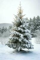 Pine trees or decorated christmas tree covered by snow on beautiful winter. Christmas theme outdoors by AI Generated photo