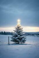 pino arboles o decorado Navidad árbol cubierto por nieve en hermosa invierno. Navidad tema al aire libre por ai generado foto