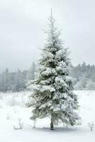 pino arboles o decorado Navidad árbol cubierto por nieve en hermosa invierno. Navidad tema al aire libre por ai generado foto