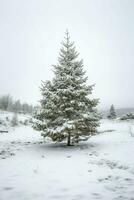 pino arboles o decorado Navidad árbol cubierto por nieve en hermosa invierno. Navidad tema al aire libre por ai generado foto