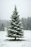 pino arboles o decorado Navidad árbol cubierto por nieve en hermosa invierno. Navidad tema al aire libre por ai generado foto