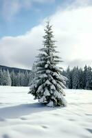 Pine trees or decorated christmas tree covered by snow on beautiful winter. Christmas theme outdoors by AI Generated photo