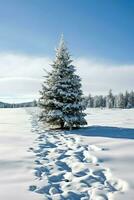 Pine trees or decorated christmas tree covered by snow on beautiful winter. Christmas theme outdoors by AI Generated photo