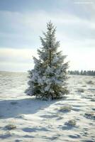 pino arboles o decorado Navidad árbol cubierto por nieve en hermosa invierno. Navidad tema al aire libre por ai generado foto