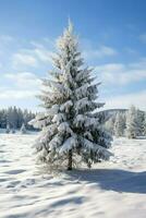 pino arboles o decorado Navidad árbol cubierto por nieve en hermosa invierno. Navidad tema al aire libre por ai generado foto