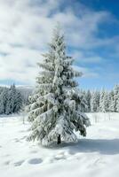 Pine trees or decorated christmas tree covered by snow on beautiful winter. Christmas theme outdoors by AI Generated photo