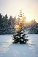 pino arboles o decorado Navidad árbol cubierto por nieve en hermosa invierno. Navidad tema al aire libre por ai generado foto