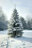 pino arboles o decorado Navidad árbol cubierto por nieve en hermosa invierno. Navidad tema al aire libre por ai generado foto