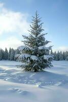 Pine trees or decorated christmas tree covered by snow on beautiful winter. Christmas theme outdoors by AI Generated photo