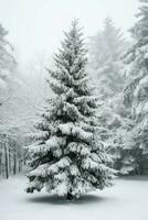 pino arboles o decorado Navidad árbol cubierto por nieve en hermosa invierno. Navidad tema al aire libre por ai generado foto