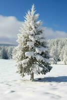Pine trees or decorated christmas tree covered by snow on beautiful winter. Christmas theme outdoors by AI Generated photo
