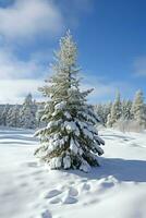 Pine trees or decorated christmas tree covered by snow on beautiful winter. Christmas theme outdoors by AI Generated photo