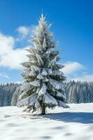 Pine trees or decorated christmas tree covered by snow on beautiful winter. Christmas theme outdoors by AI Generated photo