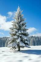 pino arboles o decorado Navidad árbol cubierto por nieve en hermosa invierno. Navidad tema al aire libre por ai generado foto