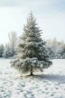 pino arboles o decorado Navidad árbol cubierto por nieve en hermosa invierno. Navidad tema al aire libre por ai generado foto