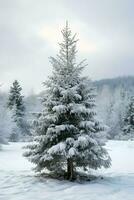 Pine trees or decorated christmas tree covered by snow on beautiful winter. Christmas theme outdoors by AI Generated photo
