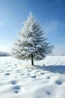 pino arboles o decorado Navidad árbol cubierto por nieve en hermosa invierno. Navidad tema al aire libre por ai generado foto