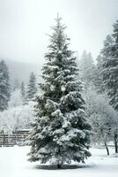 Pine trees or decorated christmas tree covered by snow on beautiful winter. Christmas theme outdoors by AI Generated photo