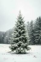 pino arboles o decorado Navidad árbol cubierto por nieve en hermosa invierno. Navidad tema al aire libre por ai generado foto