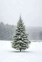 pino arboles o decorado Navidad árbol cubierto por nieve en hermosa invierno. Navidad tema al aire libre por ai generado foto