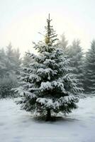 pino arboles o decorado Navidad árbol cubierto por nieve en hermosa invierno. Navidad tema al aire libre por ai generado foto