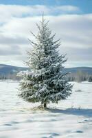 pino arboles o decorado Navidad árbol cubierto por nieve en hermosa invierno. Navidad tema al aire libre por ai generado foto