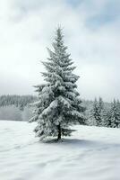 pino arboles o decorado Navidad árbol cubierto por nieve en hermosa invierno. Navidad tema al aire libre por ai generado foto