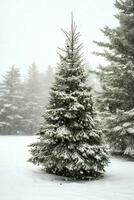 Pine trees or decorated christmas tree covered by snow on beautiful winter. Christmas theme outdoors by AI Generated photo