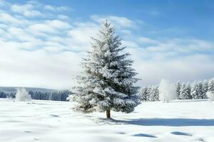 Pine trees or decorated christmas tree covered by snow on beautiful winter. Christmas theme outdoors by AI Generated photo