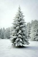 pino arboles o decorado Navidad árbol cubierto por nieve en hermosa invierno. Navidad tema al aire libre por ai generado foto