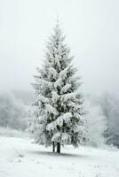 Pine trees or decorated christmas tree covered by snow on beautiful winter. Christmas theme outdoors by AI Generated photo