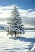 Pine trees or decorated christmas tree covered by snow on beautiful winter. Christmas theme outdoors by AI Generated photo