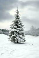 pino arboles o decorado Navidad árbol cubierto por nieve en hermosa invierno. Navidad tema al aire libre por ai generado foto