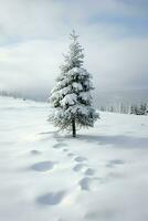 Pine trees or decorated christmas tree covered by snow on beautiful winter. Christmas theme outdoors by AI Generated photo