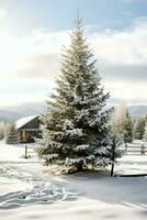 pino arboles o decorado Navidad árbol cubierto por nieve en hermosa invierno. Navidad tema al aire libre por ai generado foto