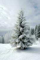 pino arboles o decorado Navidad árbol cubierto por nieve en hermosa invierno. Navidad tema al aire libre por ai generado foto