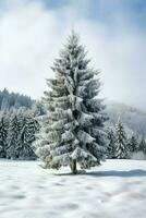 Pine trees or decorated christmas tree covered by snow on beautiful winter. Christmas theme outdoors by AI Generated photo