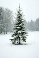 Pine trees or decorated christmas tree covered by snow on beautiful winter. Christmas theme outdoors by AI Generated photo