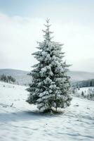 Pine trees or decorated christmas tree covered by snow on beautiful winter. Christmas theme outdoors by AI Generated photo