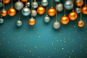 Christmas background with christmas balls ornaments hanging with copy space. Christmas decoration concept by AI Generated photo