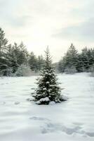 Pine trees or decorated christmas tree covered by snow on beautiful winter. Christmas theme outdoors by AI Generated photo