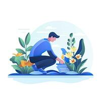 AI generated Minimalist UI illustration of a gardener planting flowers in a flat illustration style on a white background photo