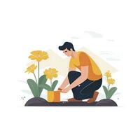 ai generado minimalista ui ilustración de un jardinero plantando flores en un plano ilustración estilo en un blanco antecedentes foto