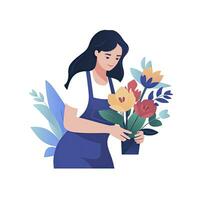 AI generated Minimalist UI illustration of a florist arranging a bouquet in a flat illustration style on a white background photo