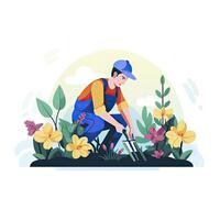 AI generated Minimalist UI illustration of a gardener planting flowers in a flat illustration style on a white background photo