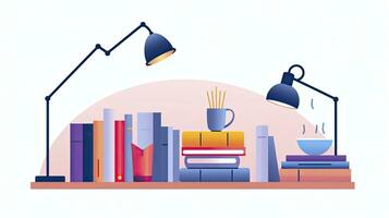 AI generated Collection of Books with Reading Lamp Minimalist Flat Design on White Background photo