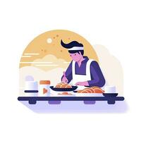 AI generated Minimalist UI illustration of a chef preparing sushi in a flat illustration style on a white background photo