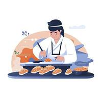 AI generated Minimalist UI illustration of a chef preparing sushi in a flat illustration style on a white background photo
