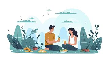 AI generated Minimalist UI illustration of a couple enjoying a picnic in a flat illustration style on a white background photo