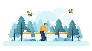 AI generated Dedicated Beekeeper Tending Hives, Minimalist Flat Design Illustration on White photo